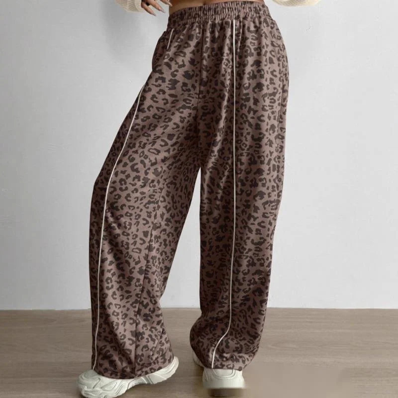 Pantalon femme imprimé léopard bande blanche casual