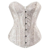 Corset Vert Vintage blanc à motifs, design élégant et cintré avec attache devant et laçage ajustable derrière.
