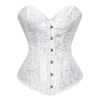 Corset Vert Vintage blanc style rétro avec fermeture avant à crochets, motif brodé élégant, silhouette cintrée et féminine.