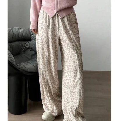 Pantalon femme imprimé léopard bande blanche casual – Blanc Laiteux