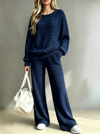 Ensemble deux pièces femme pull tricoté et pantalon large – Bleu Marine