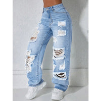 Jean femme taille haute déchiré jambe droite – Bleu Clair
