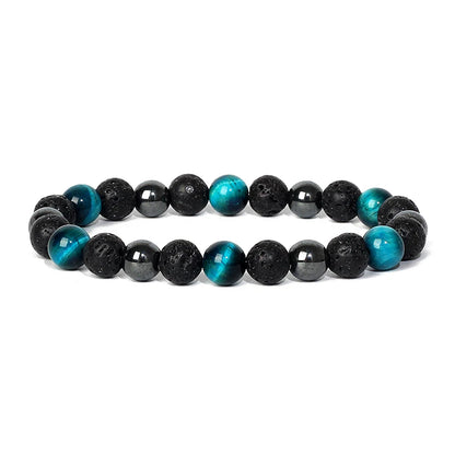 Bracelet magnetique pour maigrir homme avec perles noires en lave, hematite et oeil de tigre bleu turquoise
