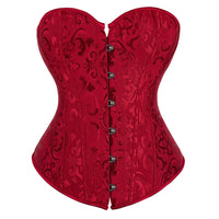 Corset Vert Vintage rouge à motifs damassés avec fermeture à crochets avant, silhouette élégante et confortable.