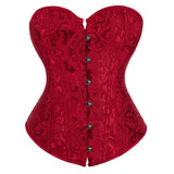 Corset Vert Vintage rouge à motifs damassés avec fermeture à crochets avant, silhouette élégante et confortable.