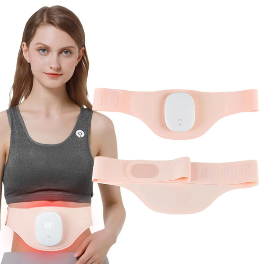 Ceinture de Soulagement Menstruel rose avec dispositif chauffant integre montre portee sur l'abdomen pour soulager les douleurs