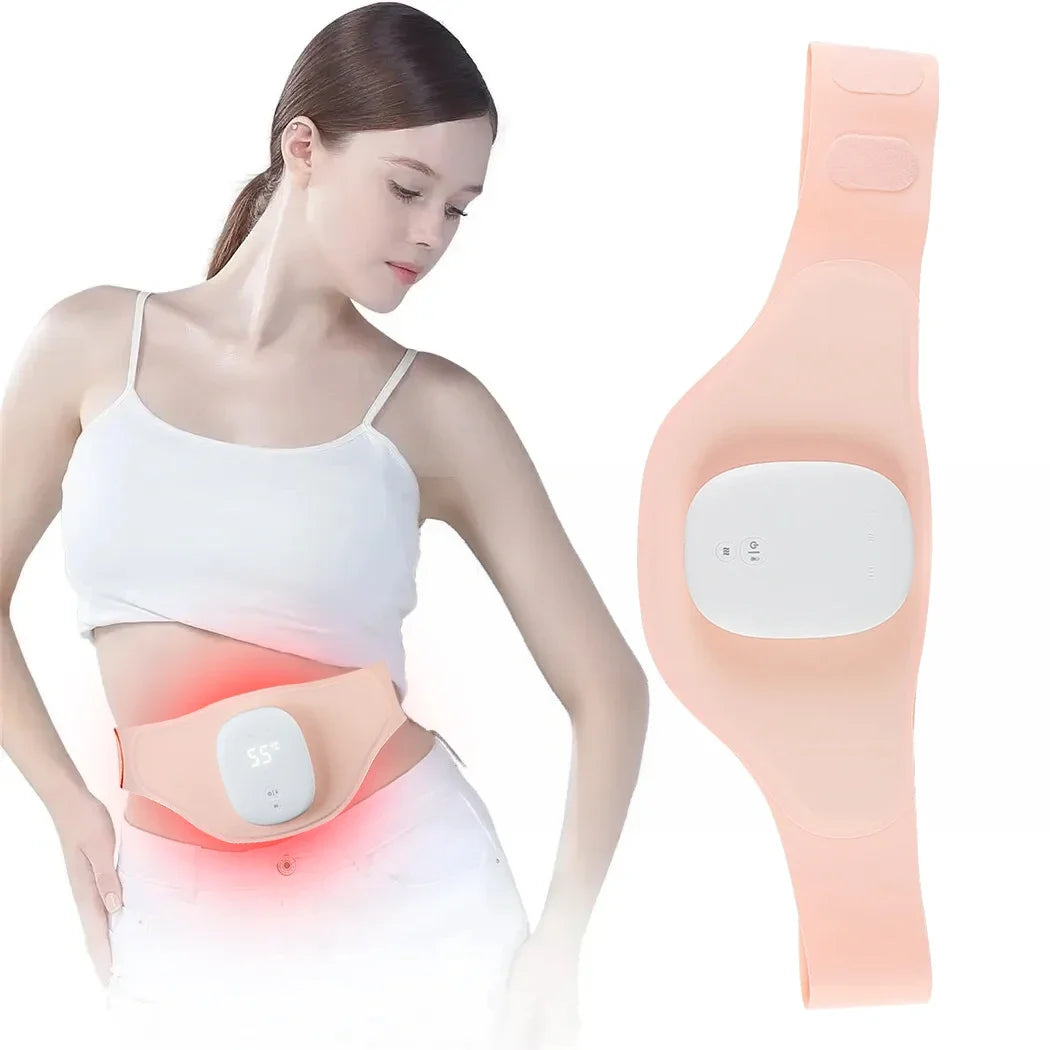 Ceinture de soulagement menstruel rose avec controleur de chaleur integre portee autour de la taille pour soulager les douleurs
