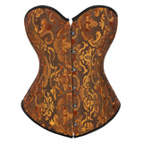 Corset Vert Vintage marron avec motifs floraux dorés, design structuré et fermeture à l'avant pour un style élégant.