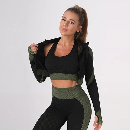 Ensemble 3 pièces Legging Taille Haute Brassière & Veste de Sport Femme