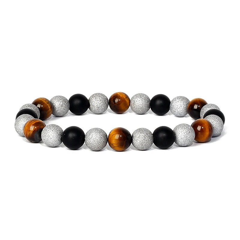 Bracelet magnetique pour maigrir homme avec perles oeil de tigre, hematite argentee et onyx noir, elegant et ajustable