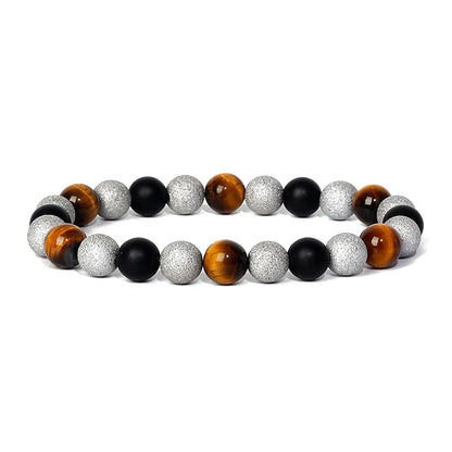 Bracelet magnetique pour maigrir homme avec perles oeil de tigre, hematite argentee et onyx noir, elegant et ajustable