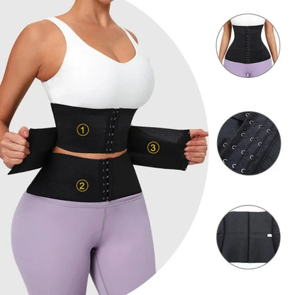 Ceinture Abdominale Minceur noire a trois segments avec crochets, portee avec haut blanc et legging violet, effet amincissant