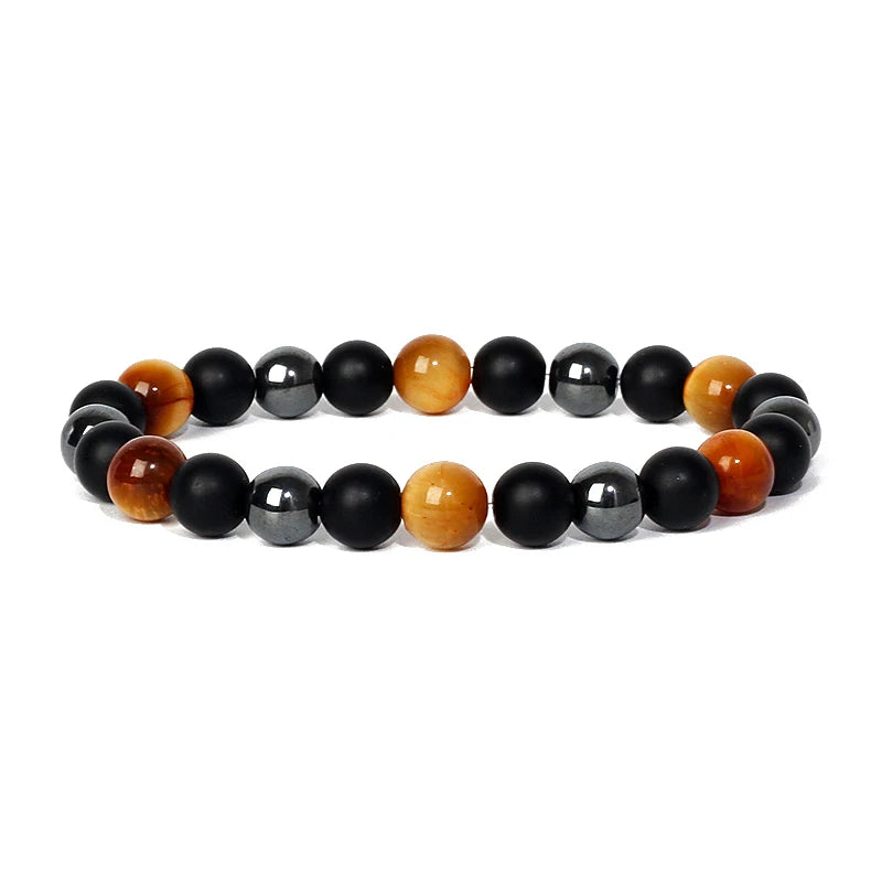 Bracelet magnetique pour maigrir homme avec perles noires, grises et oeil de tigre orange en alternance pour homme