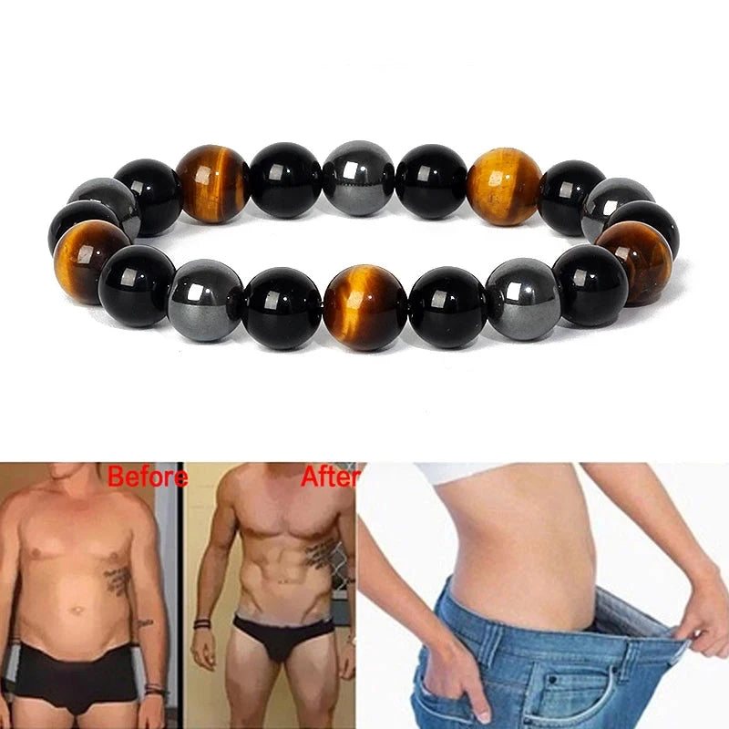Bracelet magnetique minceur avec perles oeil de tigre et obsidienne noire, elegant et ajustable pour homme