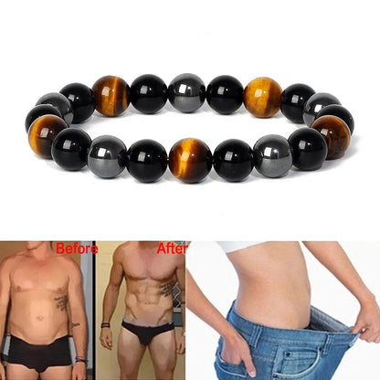 Bracelet magnetique minceur avec perles oeil de tigre et obsidienne noire, elegant et ajustable pour homme