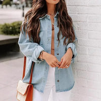 Chemise en jean bleu délavé manches longues femme – Bleu Clair