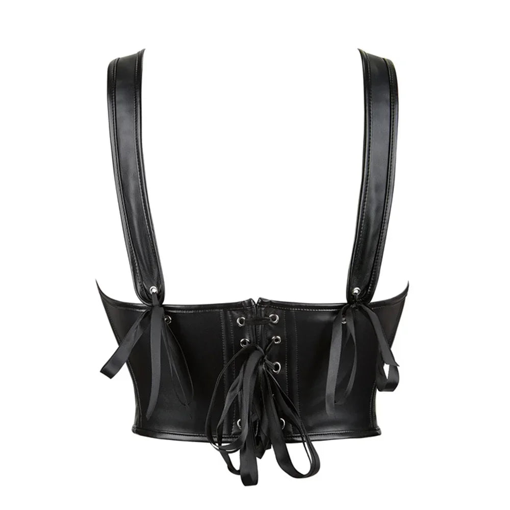 Ceinture corset a bretelles en cuir noir avec laçage au dos et bretelles ajustables, vue arriere du bustier style corset