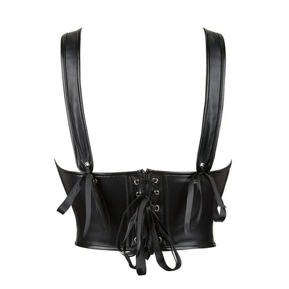 Ceinture corset a bretelles en cuir noir avec laçage au dos et bretelles ajustables, vue arriere du bustier style corset