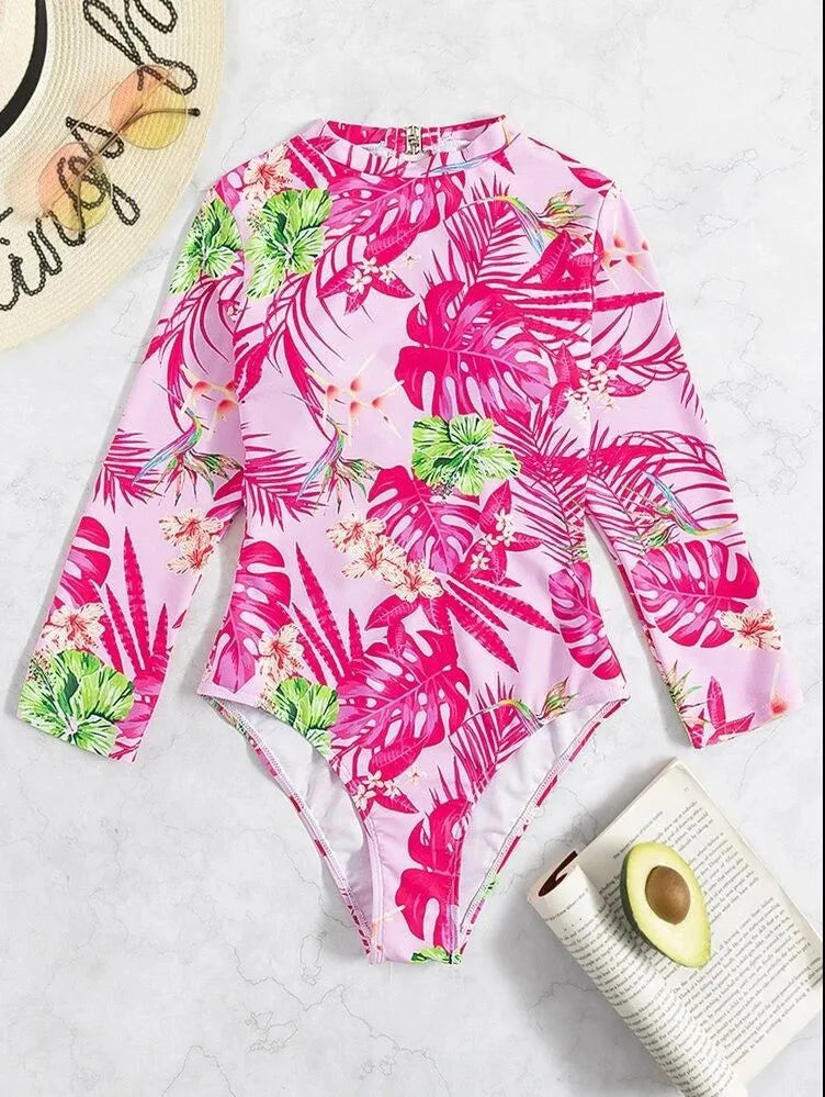 Maillot de Bain 1 Pièce Manches Longues Motif Tropical