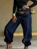 Jean taille haute jambe large délavé asymétrique femme 6
