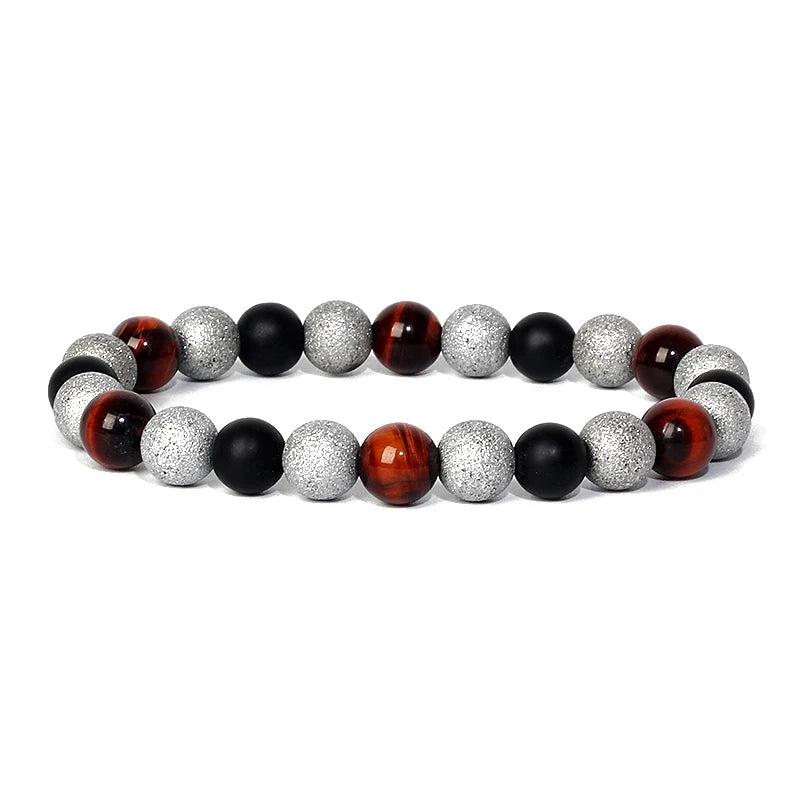 Bracelet magnetique pour maigrir homme avec perles oeil de tigre, onyx noir et argent texturé, design elegant et moderne