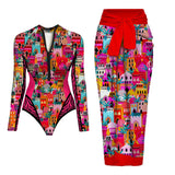 Ensemble Maillot de Bain Manches Longues et Jupe Paréo