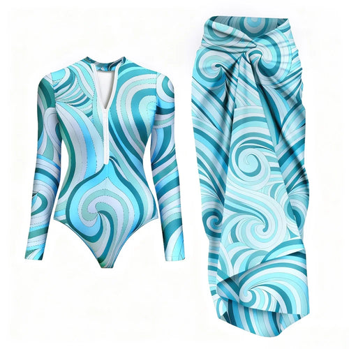 Ensemble Maillot de Bain Manches Longues et Jupe Paréo