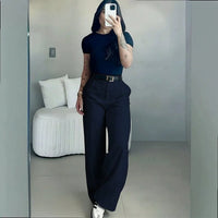 Pantalon femme taille haute jambe droite ceinture 3