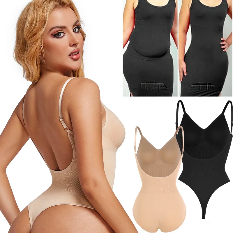 Body Remodelant Femme en noir et beige, style gainant avec bretelles ajustables et decollete en V pour une silhouette affinee