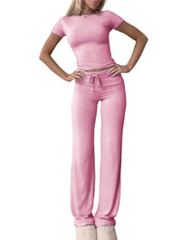 Ensemble femme top manches courtes et pantalon long gris – Rose