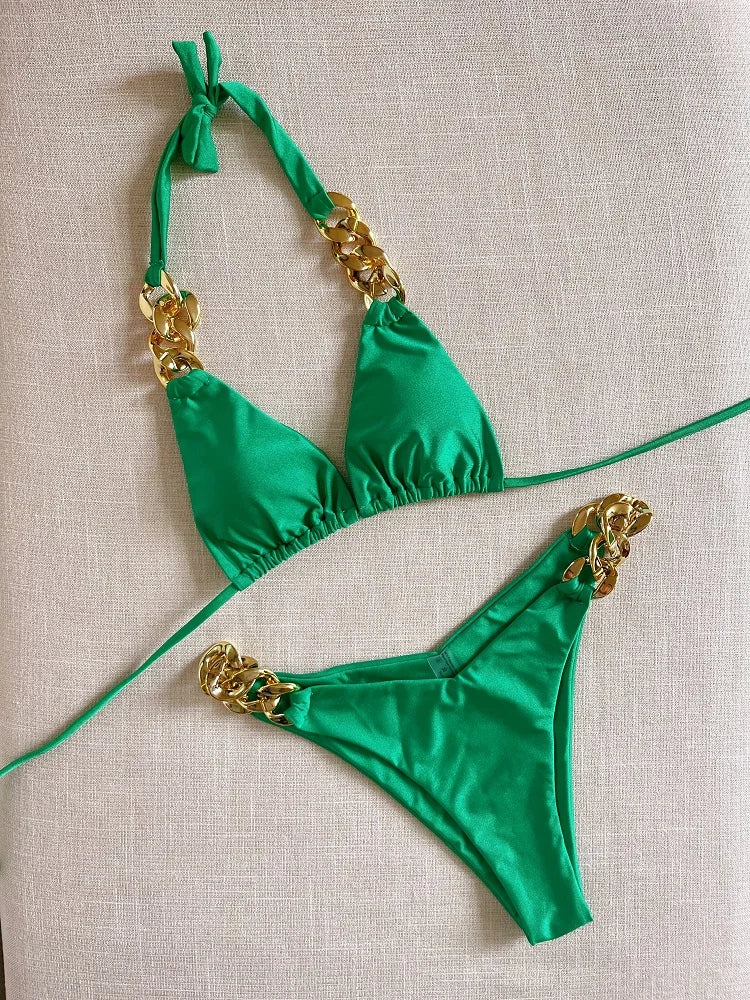 Bikini Triangle à Nouer Autour du Cou Orné de Chaîne Femme