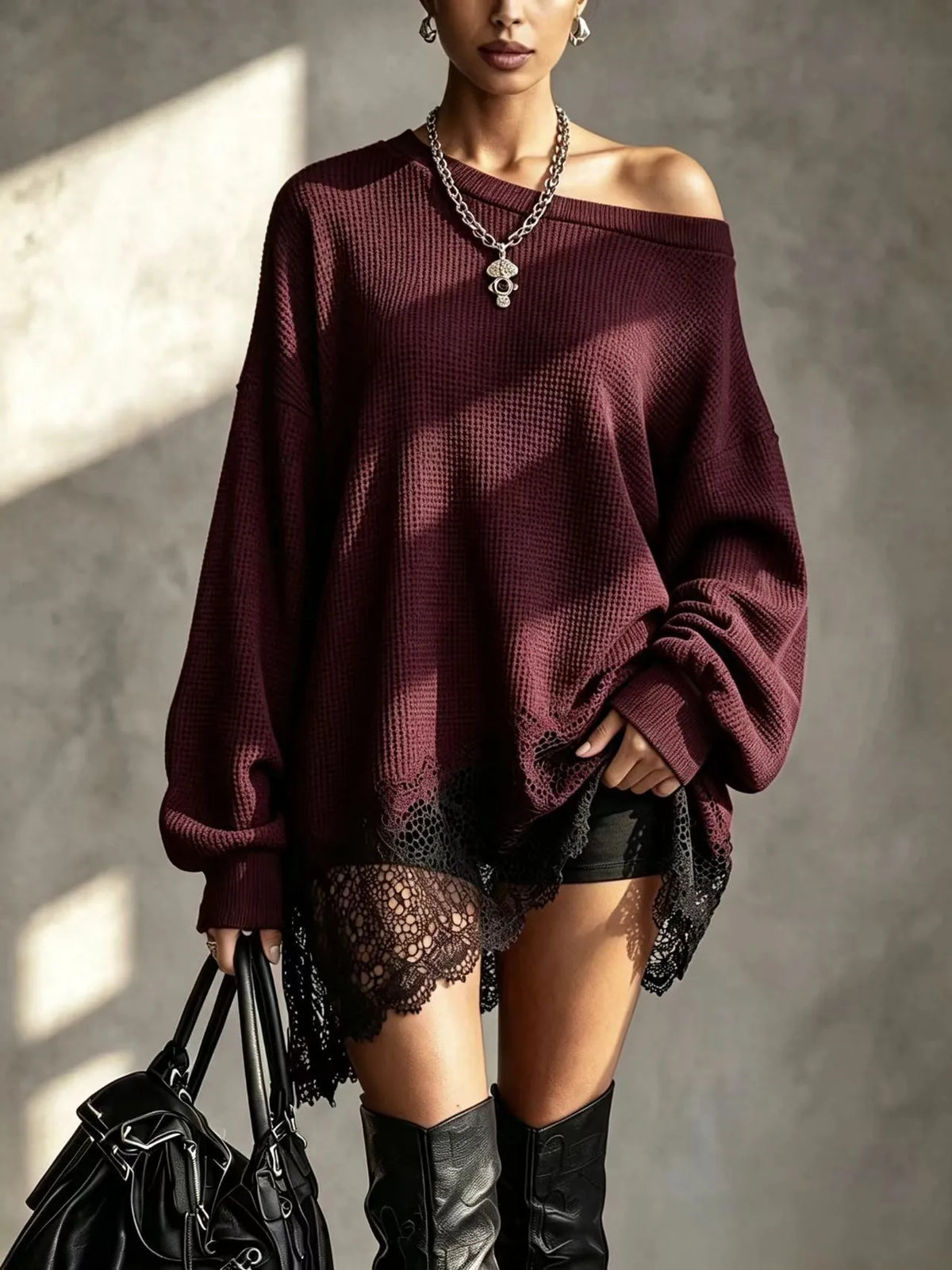 Pull femme patchwork dentelle manches longues beige noir – Bordeaux