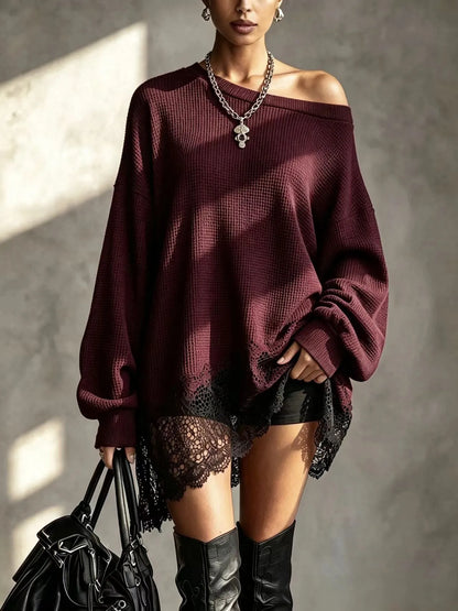 Pull femme patchwork dentelle manches longues beige noir – Bordeaux