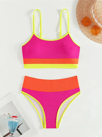 Maillot de Bain 2 Pièces Brassière Taille Haute Gainant Rose & Orange