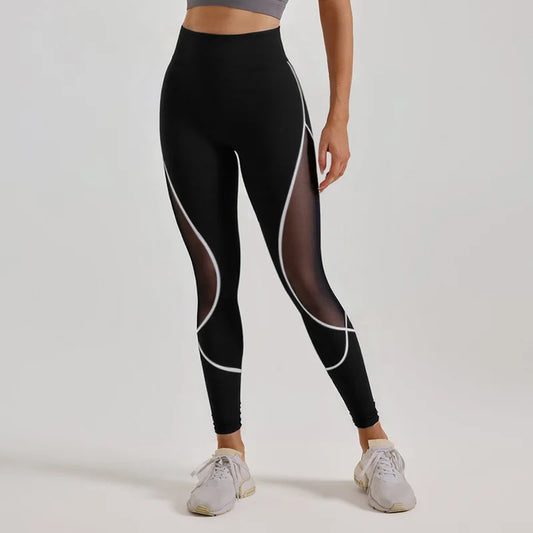 Legging avec Transparence noir taille haute avec empiècements transparents et détails blancs, idéal pour le fitness et le confort.