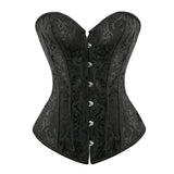 Corset Vert Vintage ceinture bustier noir avec motifs élégants fermeture à crochets devant et silhouette cintrée.