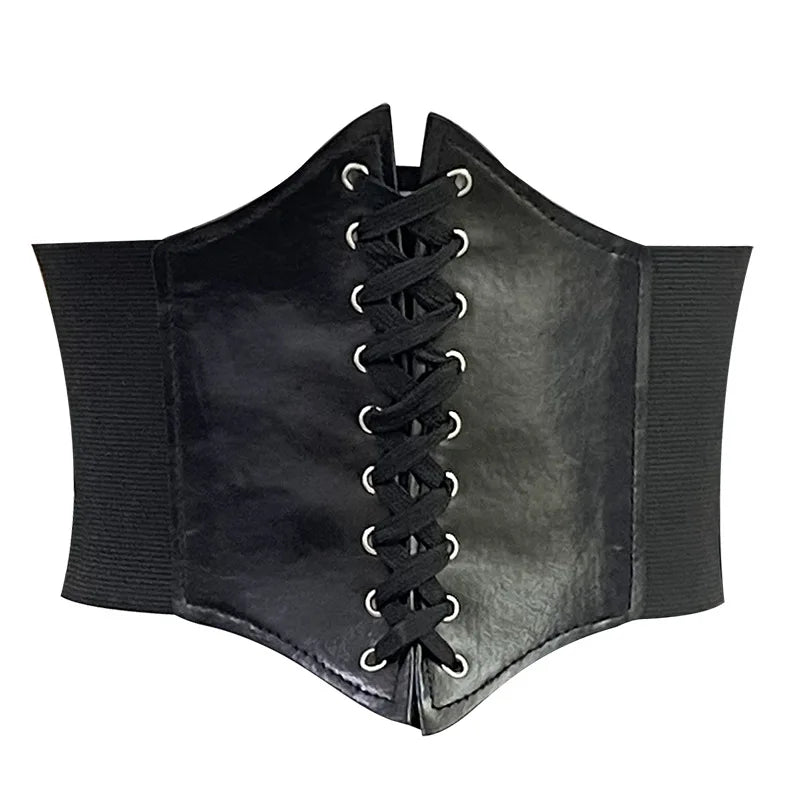 Ceinture corset en cuir noir avec lacets ajustables et bandes elastiques sur les cotes, style vintage elegant