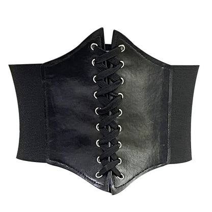 Ceinture corset en cuir noir avec lacets ajustables et bandes elastiques sur les cotes, style vintage elegant