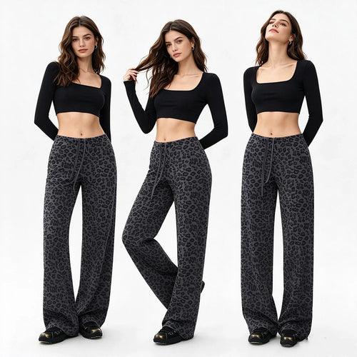 Pantalon imprimé léopard taille haute femme large