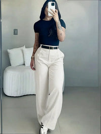 Pantalon femme taille haute jambe droite ceinture 6