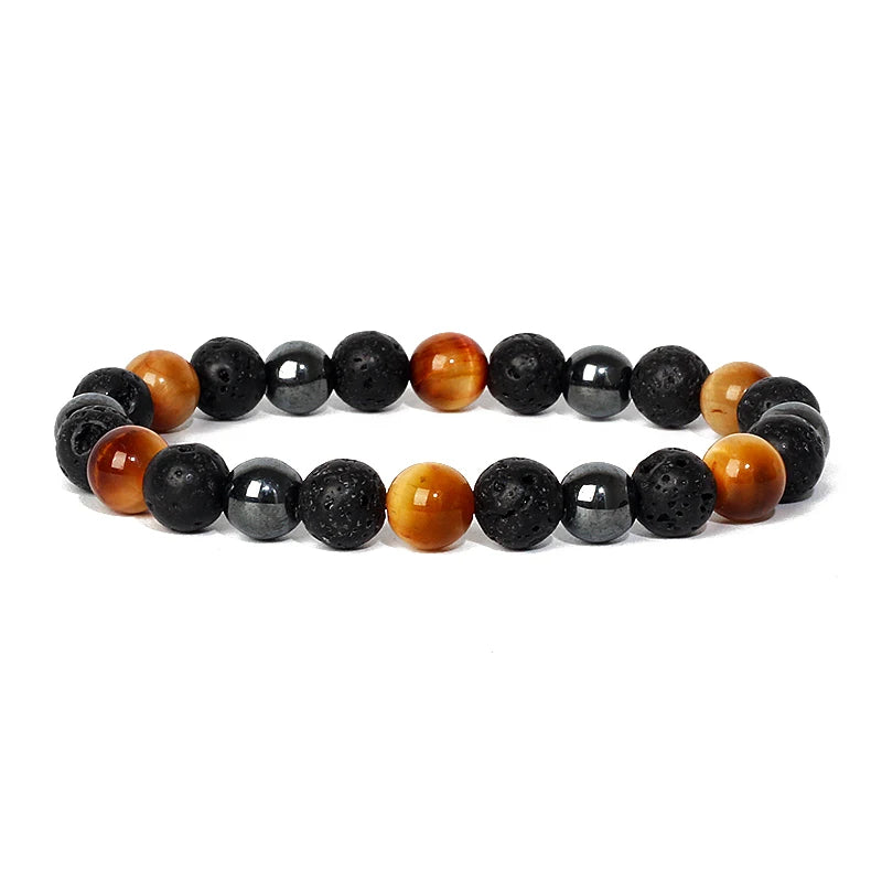 Bracelet magnetique pour maigrir homme avec perles noires en pierre de lave et oeil de tigre orange, elegant et ajustable