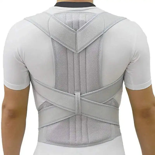 Attelle correcteur de posture grise respirante avec bandes de maintien ajustables pour le dos et les epaules