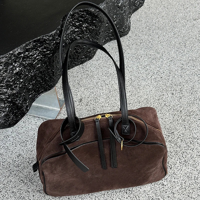 Sac à main femme cuir velours camel grand format – Café