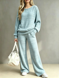 Ensemble deux pièces femme pull tricoté et pantalon large – Bleu Clair