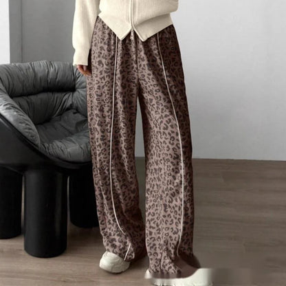 Pantalon femme imprimé léopard bande blanche casual – Marron Foncé
