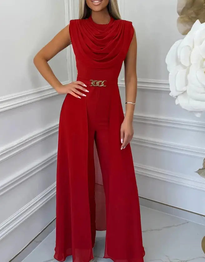 Combinaison femme col châle jambes larges ceinture dorée – B