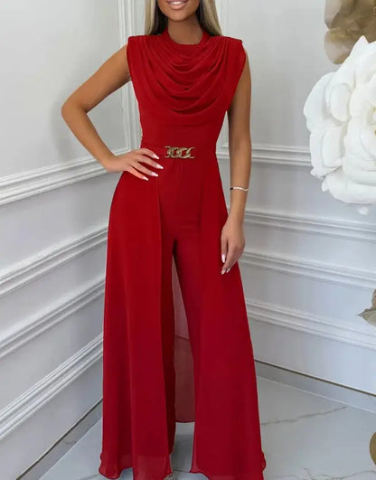 Combinaison femme col châle jambes larges ceinture dorée – B