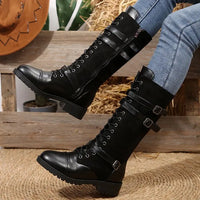Bottes mi-mollet femme lacées talon chunky cuir marron – Noir