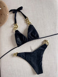 Bikini Triangle à Nouer Autour du Cou Orné de Chaîne Femme