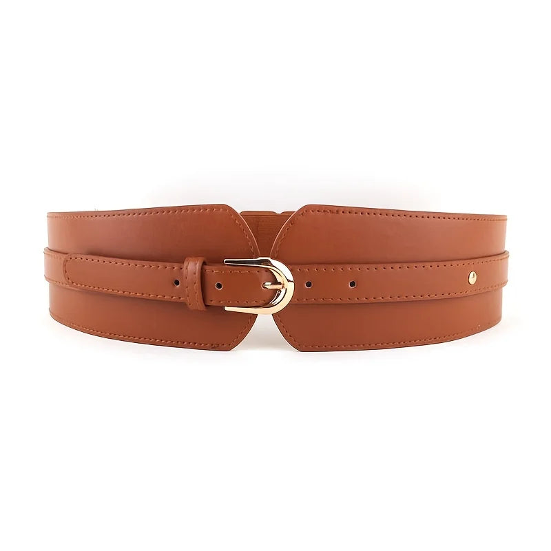 Ceinture corset large en cuir marron avec boucle doree, style elegant et moderne pour affiner la taille